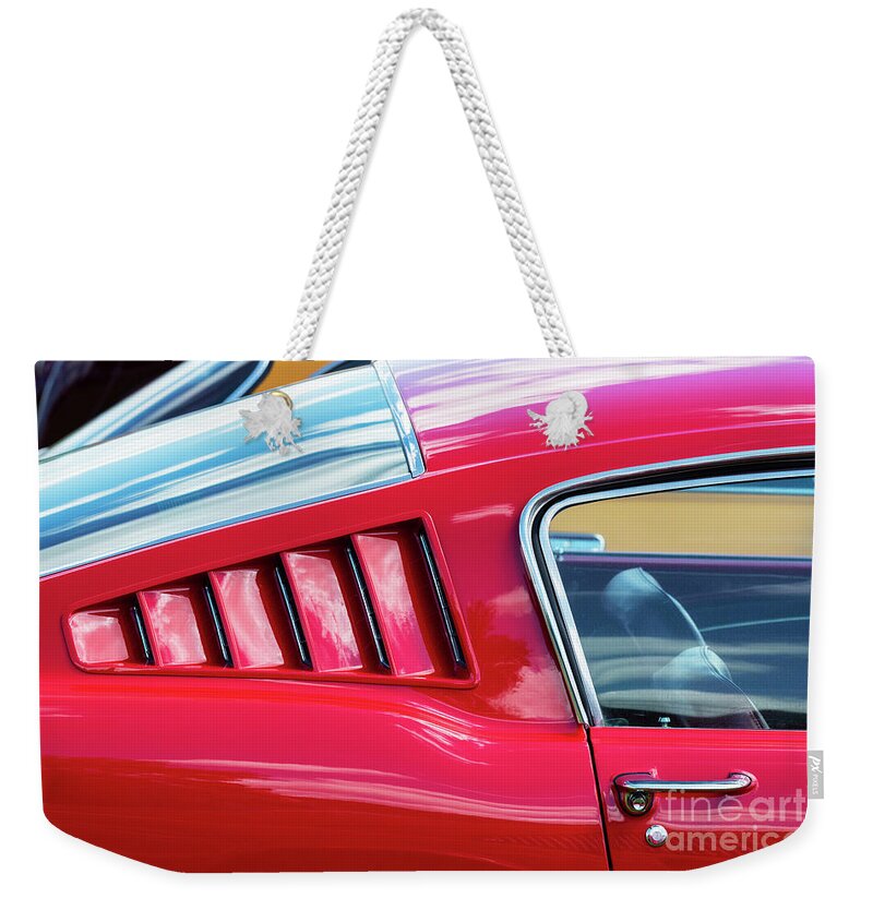 Mustang Weekender Tote Bag featuring the photograph 1966 Red Ford Mustang Abstract by Tim Gainey