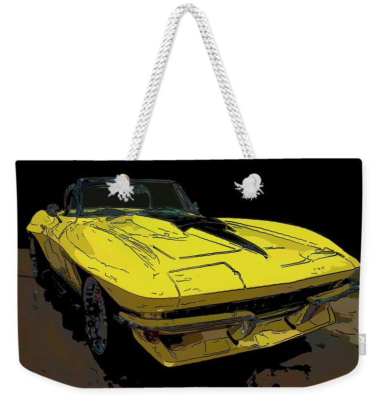 1967 Chevy Corvette Convertible Yellow Weekender Tote Bag featuring the drawing 1967 Chevy Corvette convertible yellow digital drawing by Flees Photos