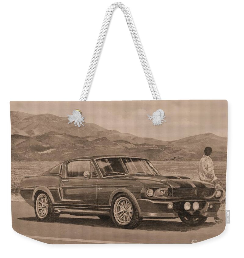 Classic Cars Painting Weekender Tote Bag featuring the painting 1967 Ford Mustang Fastback In Sepia by Sinisa Saratlic