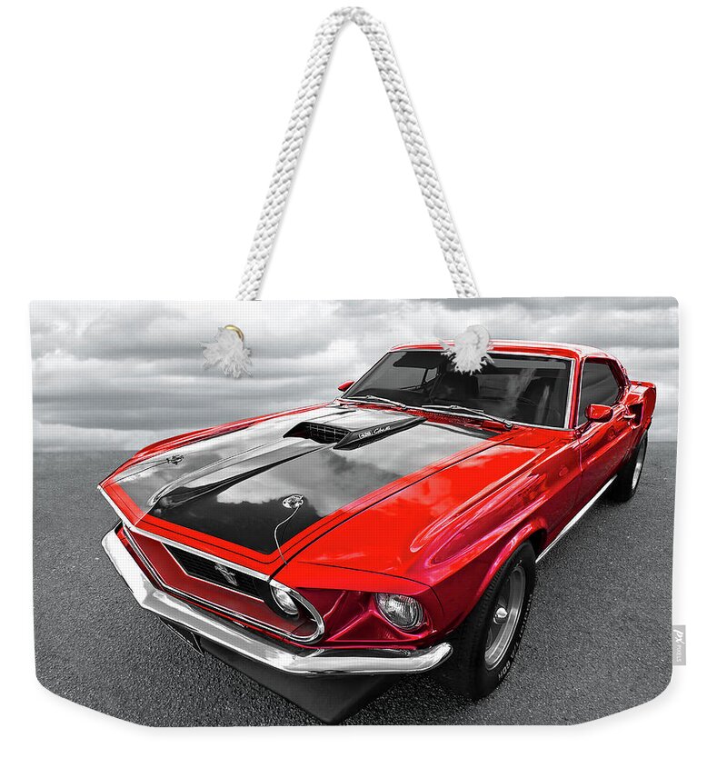 Mustang Weekender Tote Bag featuring the photograph 1969 Red 428 Mach 1 Cobra Jet Mustang by Gill Billington