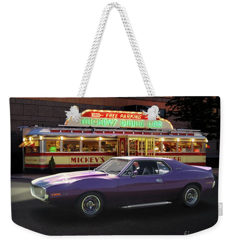 1971 Weekender Tote Bag featuring the photograph 1971 AMC Javelin At Mickey's Diner by Ron Long