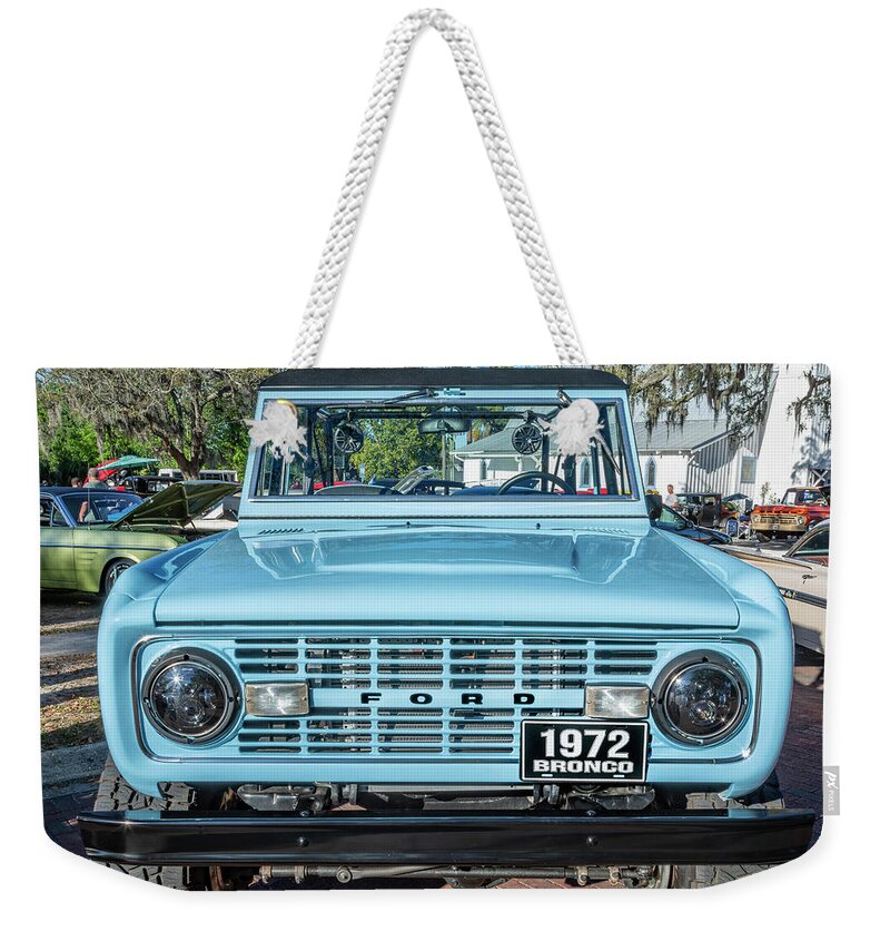 1972 Wind Blue Ford Bronco Weekender Tote Bag featuring the photograph 1972 Wind Blue Ford Bronco X103 by Rich Franco