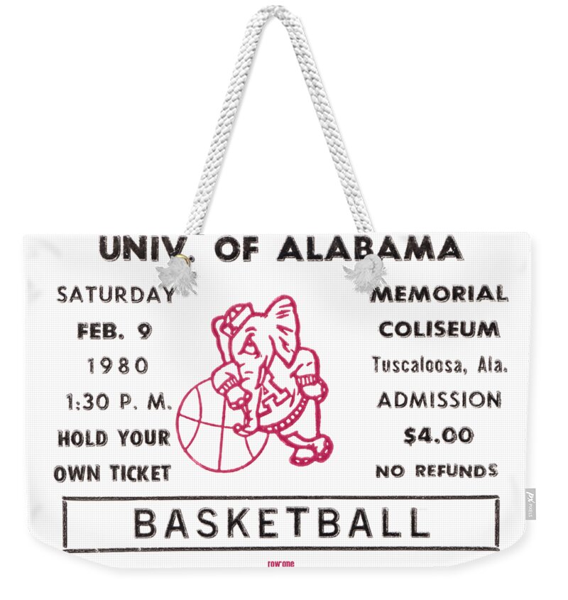 Alabama Weekender Tote Bag featuring the mixed media 1980 Alabama Basketball Ticket Stub Art by Row One Brand