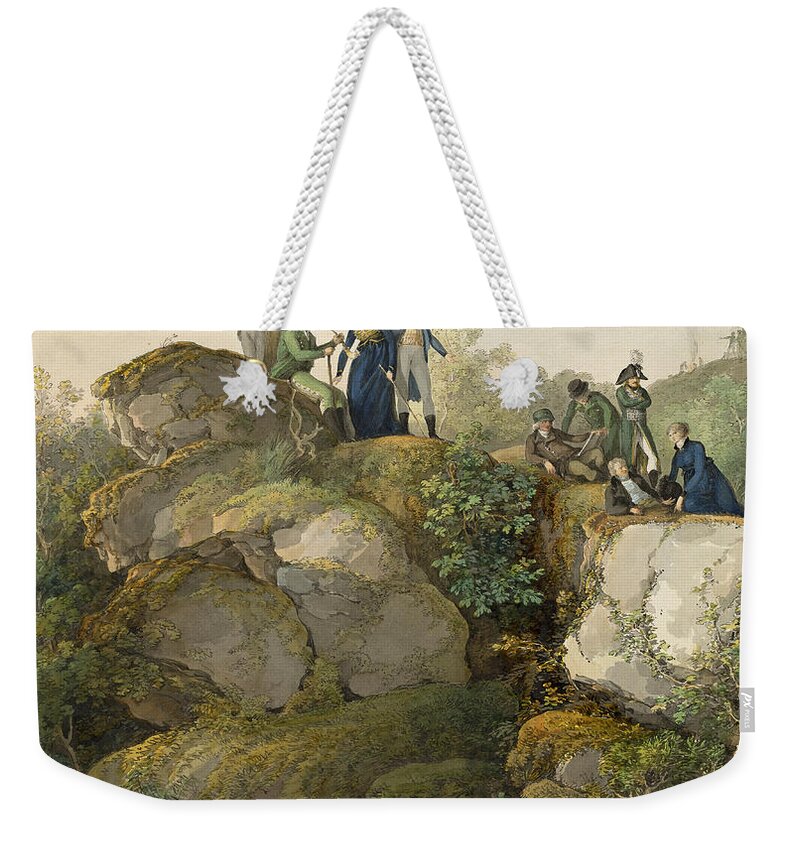 Johann Georg Von Dillis Weekender Tote Bag featuring the drawing A Royal Party Admiring the Sunset atop the Hesselberg Mountain by Johann Georg von Dillis