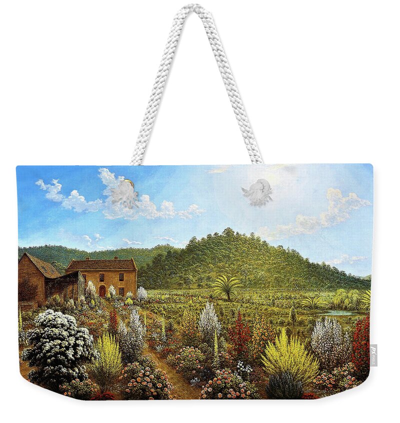 John Glover Weekender Tote Bag featuring the painting A view of the artist's house and garden, in Mills Plains, Van Diemen's Land #5 by John Glover