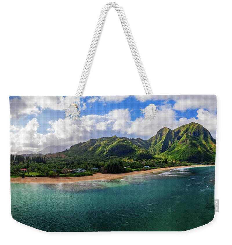 Aerial Weekender Tote Bag featuring the photograph Aerial drone shot of Tunnels Beach on the north shore of Kauai i #2 by Steven Heap