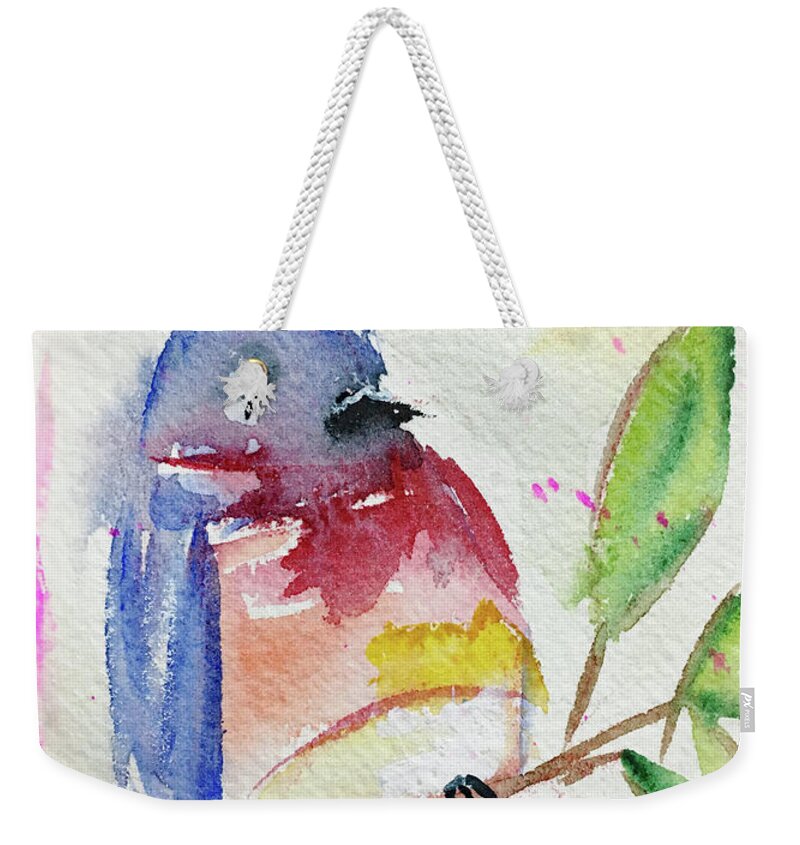 Watercolor Weekender Tote Bag featuring the painting Bluebird on a Branch #2 by Roxy Rich
