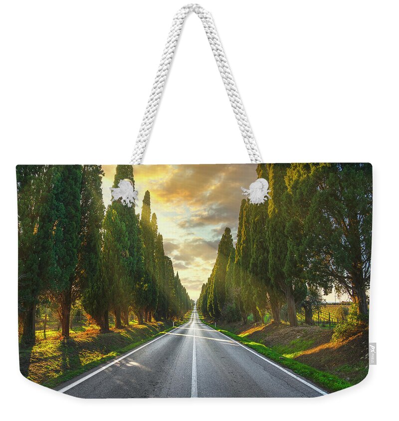 Bolgheri Weekender Tote Bag featuring the photograph Bolgheri Boulevard and Sunbeams by Stefano Orazzini