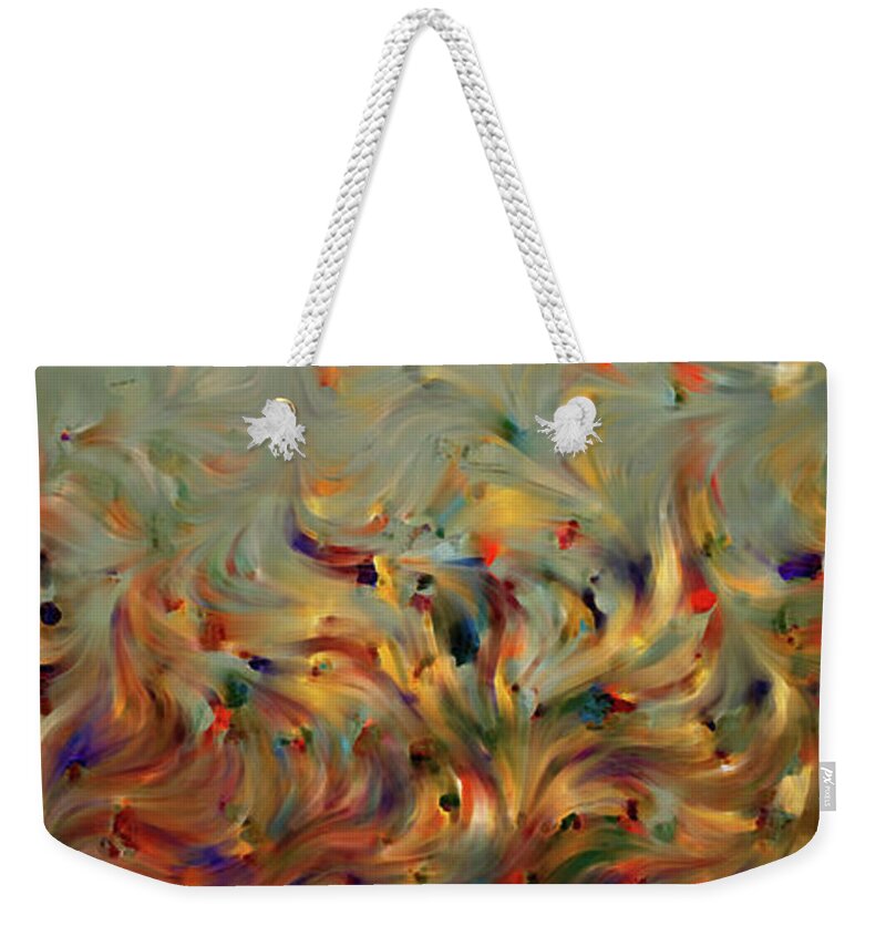 2 Corinthians; Green; Brown; Orange; Gold; Red; Faith Weekender Tote Bag featuring the painting 2 Corinthians 5 7. Faith- Not Emotion by Mark Lawrence