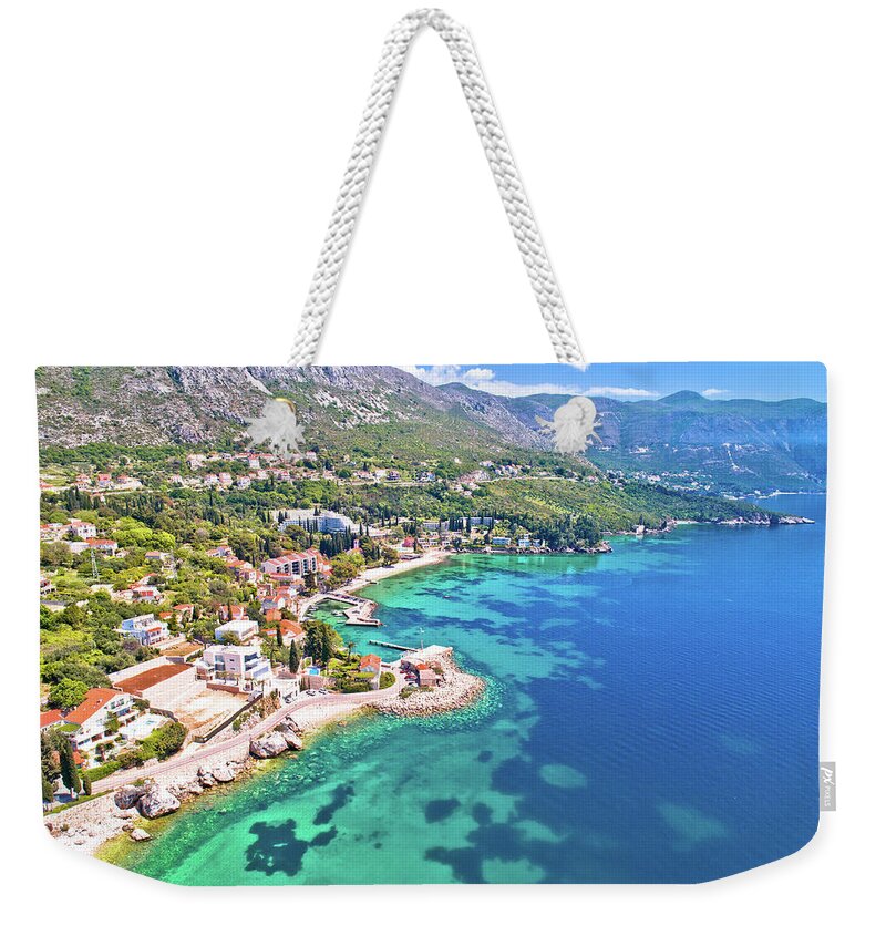 Coast Weekender Tote Bag featuring the photograph Dubrovnik region waterfront in Mlini and Srebreno aerial view #2 by Brch Photography