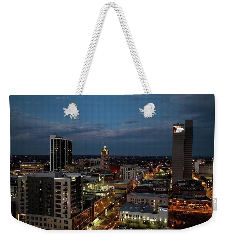Fort Wayne Skyline Weekender Tote Bag featuring the photograph Fort Wayne Indiana skyline at night #2 by Eldon McGraw