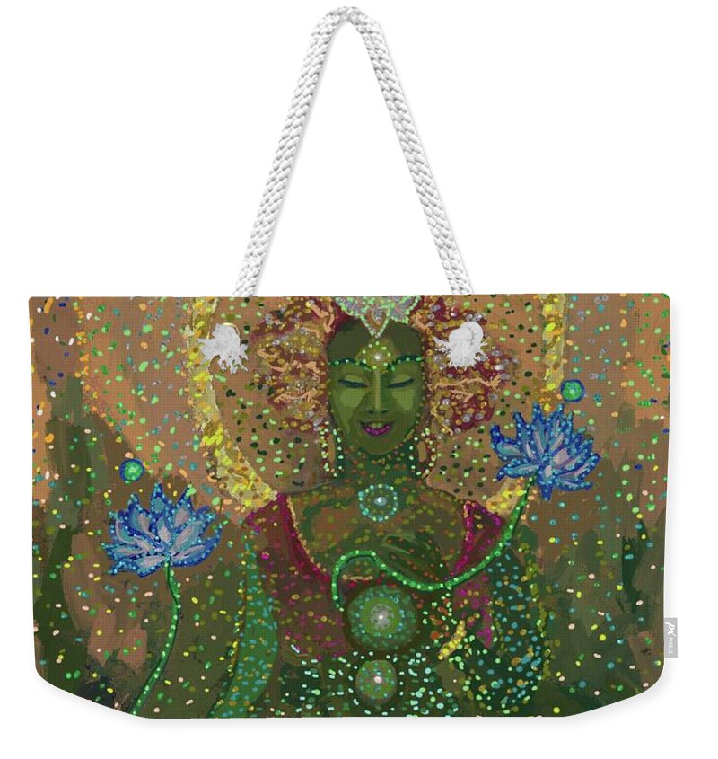 Green Tara Weekender Tote Bag featuring the painting Green Tara #3 by Melissa Abbott