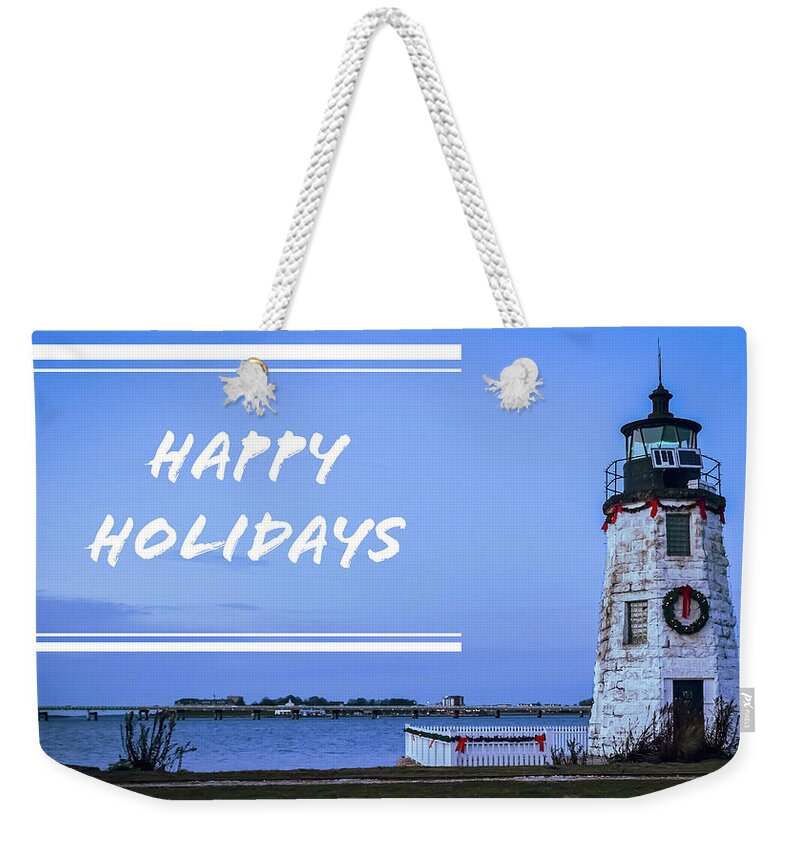 Happy Holidays From Goat Island Lighthouse Weekender Tote Bag featuring the photograph Happy Holidays from Goat Island Lighthouse by Christina McGoran