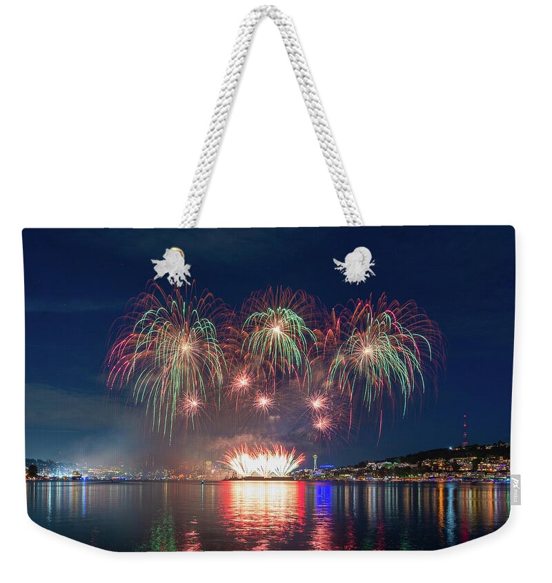 Outdoor; Firework; Celebration; July 4th; Independence Day; Seattle; Post Corvid-19; Gas Works Park; Lake Union; Space Needle; Downtown; Downtown Seattle; Washington Beauty Weekender Tote Bag featuring the digital art July 4th Celebration at Gas Works Park #2 by Michael Lee
