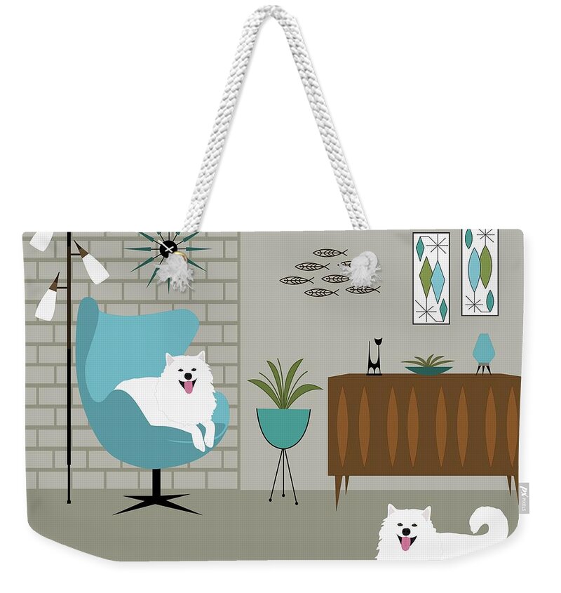Mid Century Modern Weekender Tote Bag featuring the digital art Mid Century Modern White Dogs by Donna Mibus