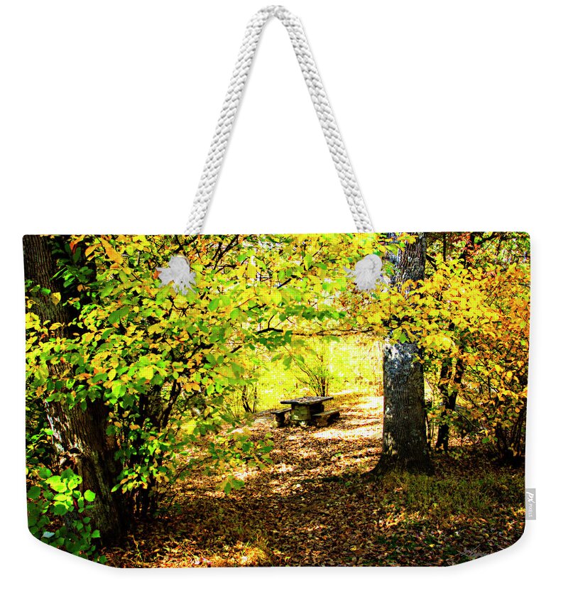 Color Weekender Tote Bag featuring the photograph Our Woodland Table #2 by Alan Hausenflock