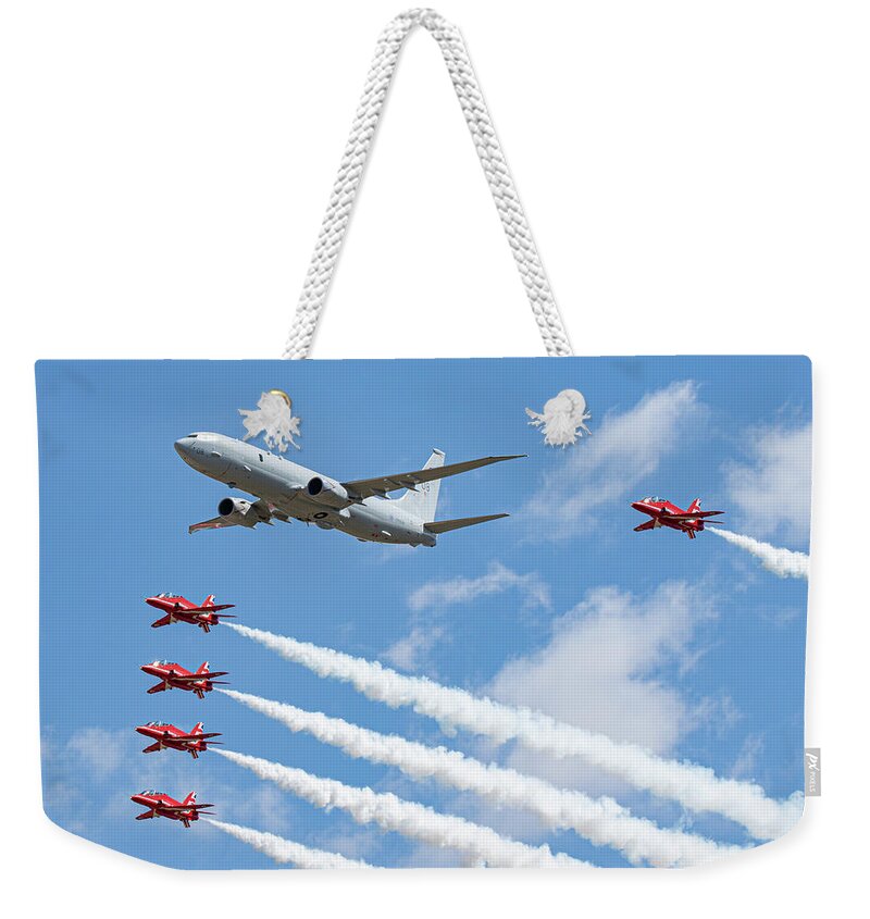 P 8 Poseidon Weekender Tote Bag featuring the photograph Red Arrows and P8 Poseidon #2 by Airpower Art