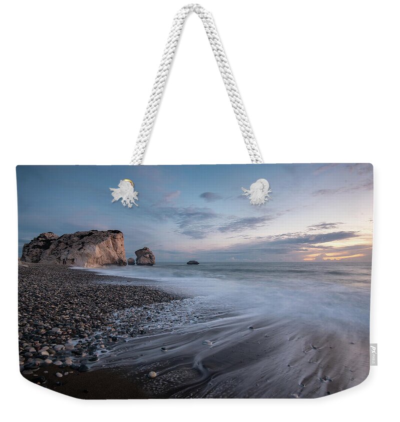 Seascape Weekender Tote Bag featuring the photograph Seascape with windy waves and moody sky during sunset #3 by Michalakis Ppalis