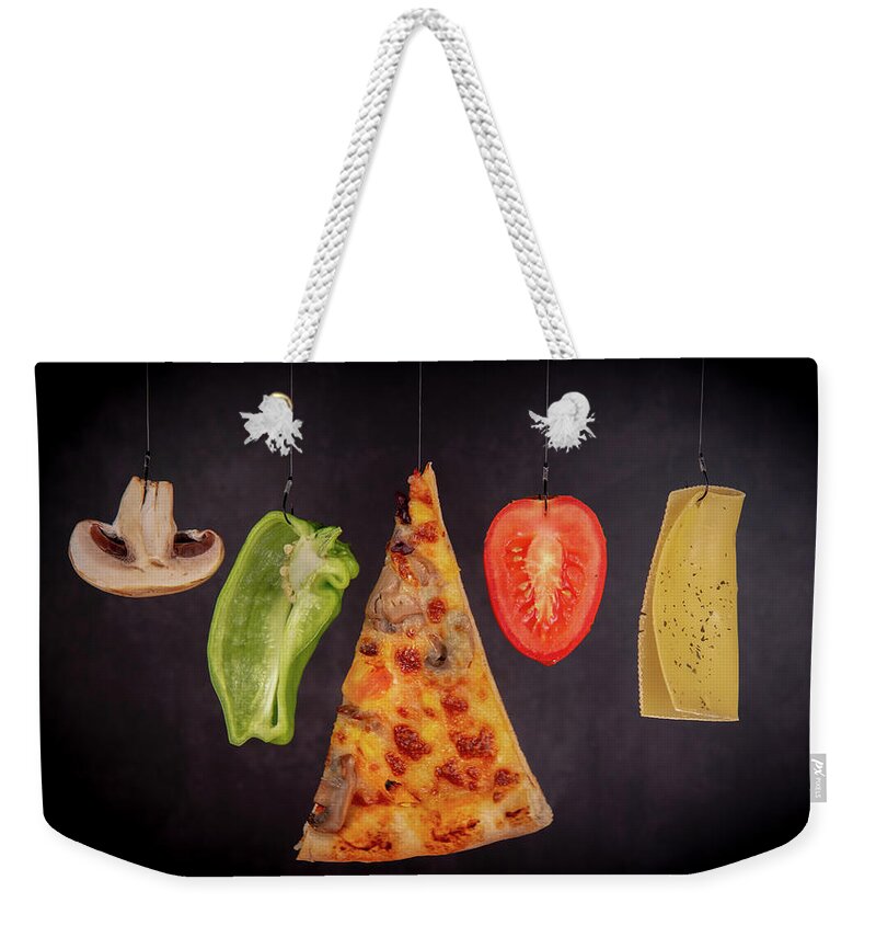 Pizza Weekender Tote Bag featuring the photograph Slice of mozzarella pizza tomato cheese peeper and mushroom ingredients #1 by Michalakis Ppalis