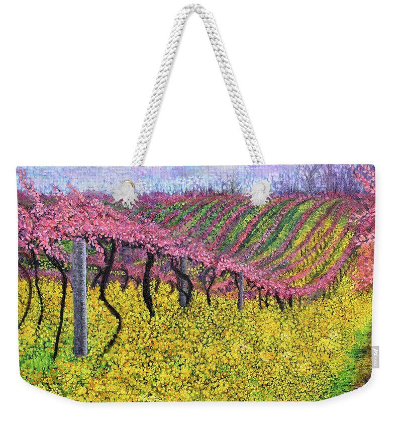 Lake Erie Vineyards Weekender Tote Bag featuring the painting Spring Vineyard #2 by Anne Cameron Cutri