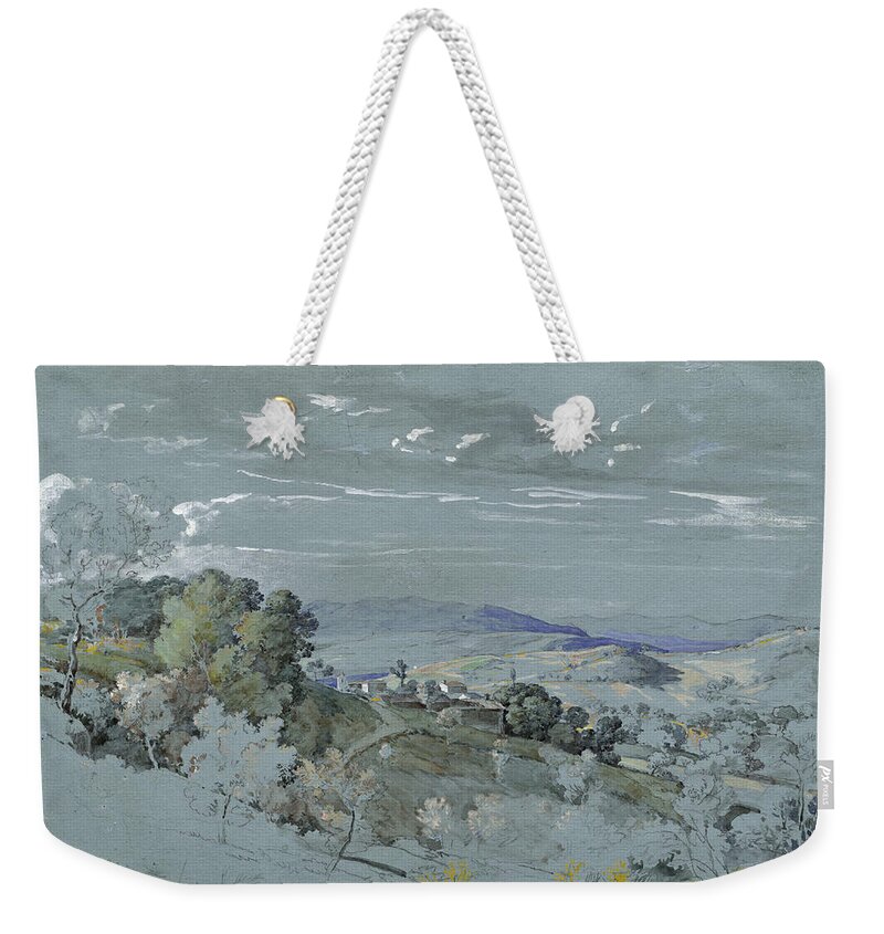 Johann Georg Von Dillis Weekender Tote Bag featuring the drawing The Hills of Umbria near Perugia by Johann Georg von Dillis