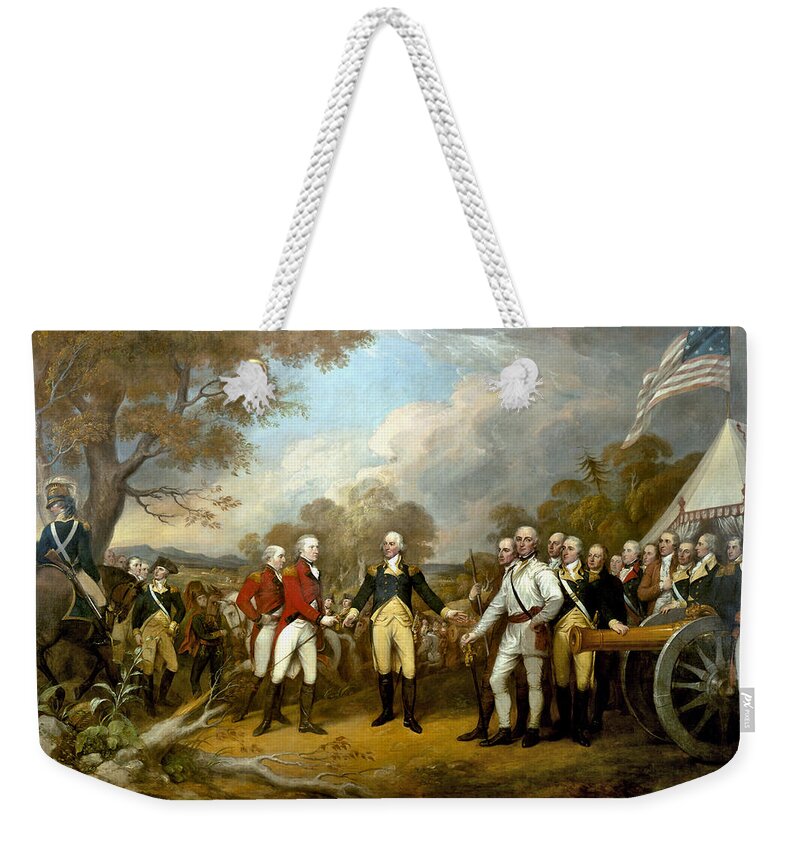 Revolutionary War Weekender Tote Bag featuring the painting The Surrender of General Burgoyne by War Is Hell Store