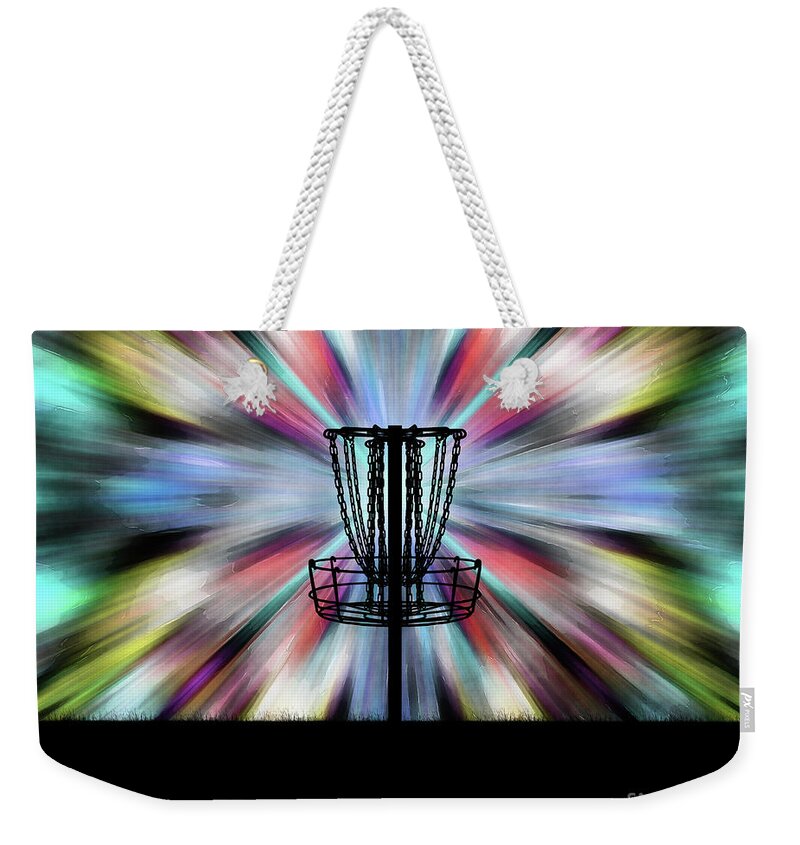 Disc Golf Weekender Tote Bag featuring the digital art Tie Dye Disc Golf Basket by Phil Perkins