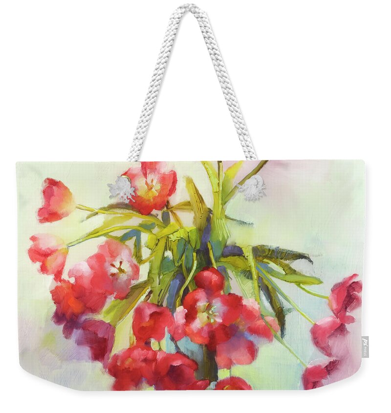 Floral Face Masks Weekender Tote Bag featuring the painting Tulip Fling by Cathy Locke