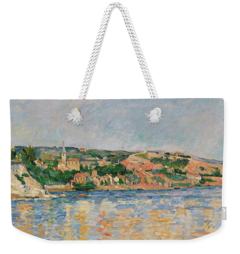 Paul Cezanne Weekender Tote Bag featuring the painting Village at the Water's Edge #3 by Paul Cezanne