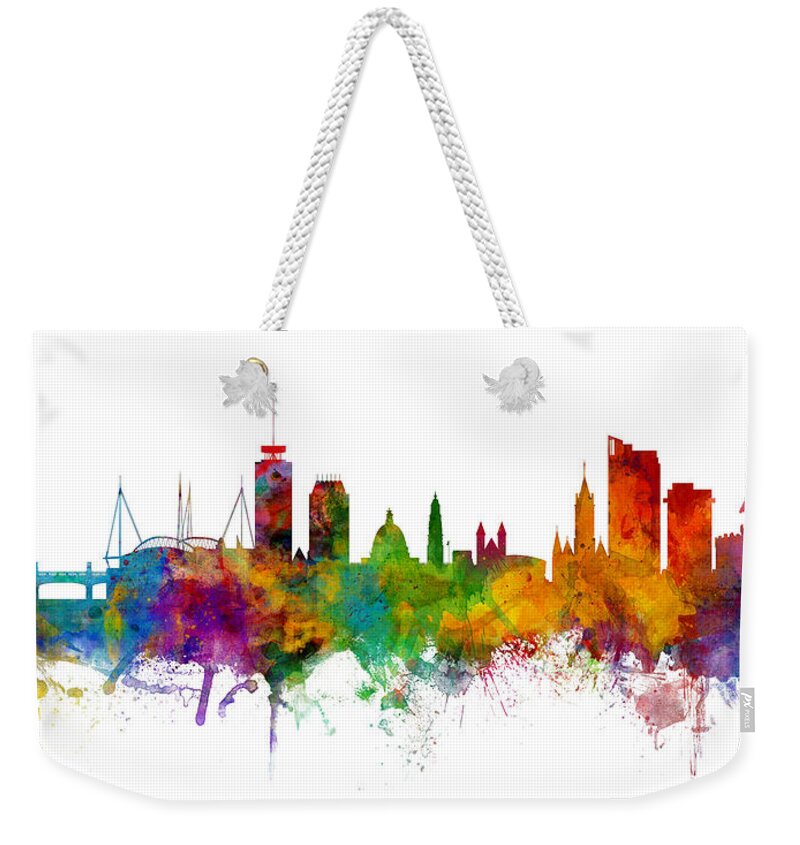 Cardiff Weekender Tote Bag featuring the digital art Cardiff Wales Skyline by Michael Tompsett