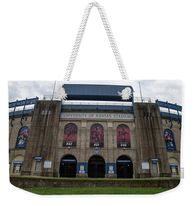 Kansas Jayhawks Weekender Tote Bag featuring the photograph Close up of David Booth Memorial Stadium at University of Kansas by Eldon McGraw