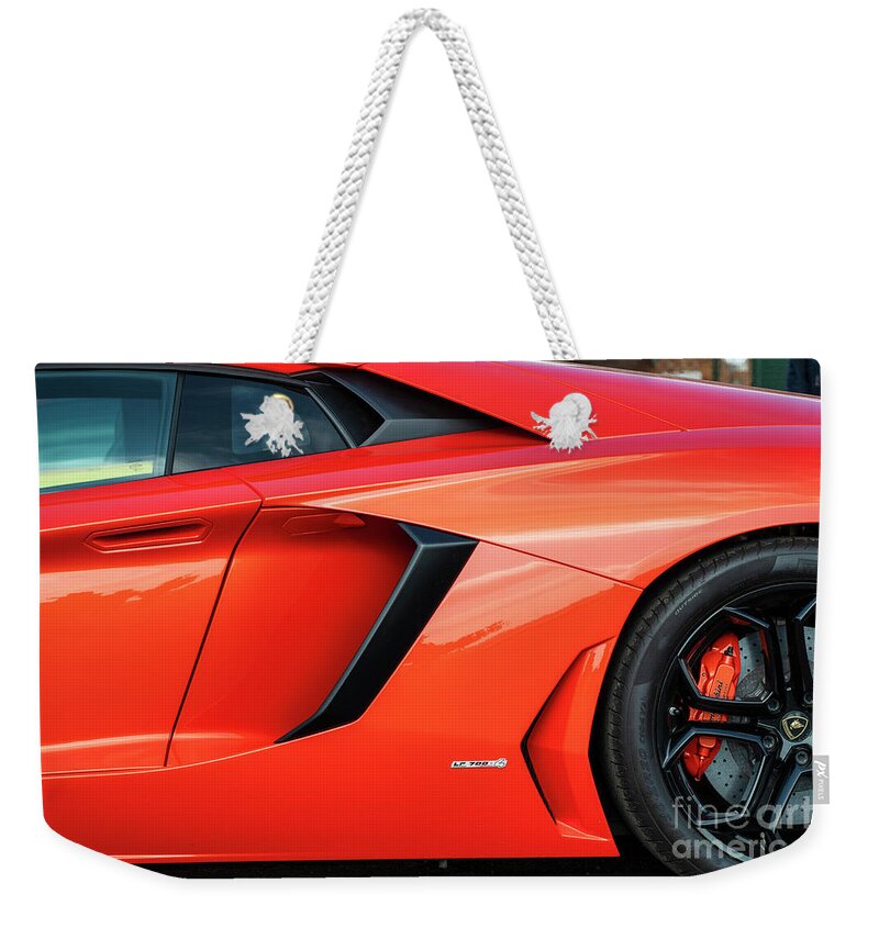 Lamborghini Weekender Tote Bag featuring the photograph 2011 Lamborghini Aventador V12 Side Abstract by Tim Gainey
