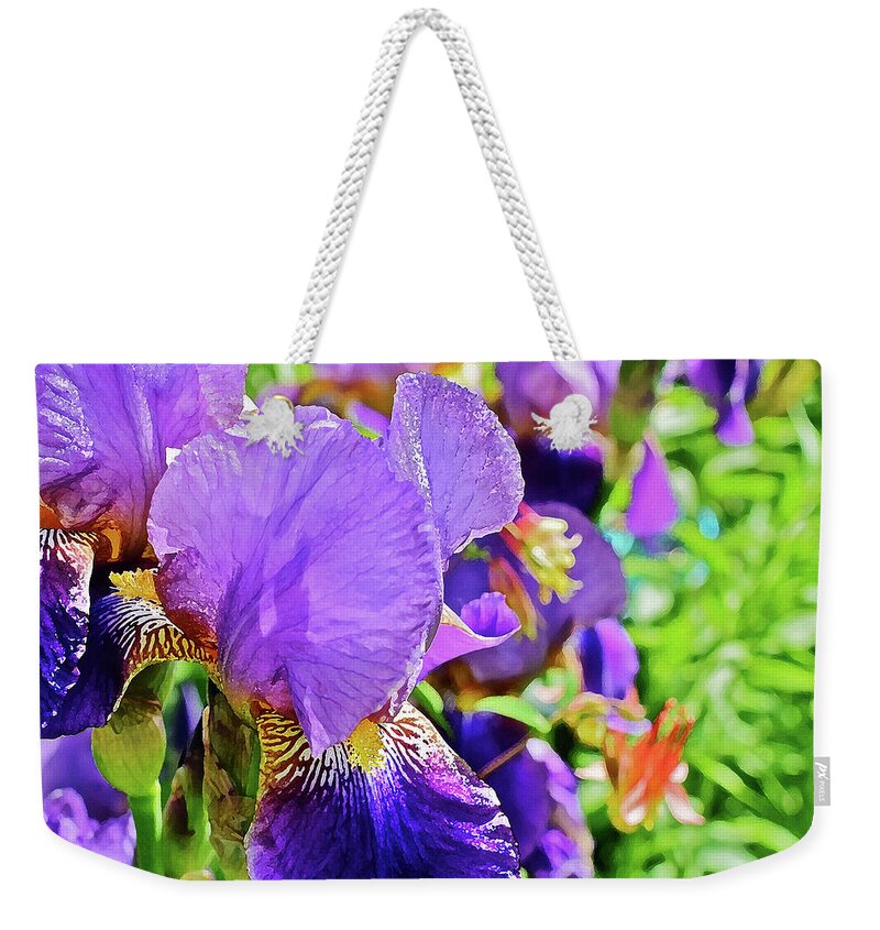 Itis Weekender Tote Bag featuring the photograph 2019 Iris and Columbine by Janis Senungetuk