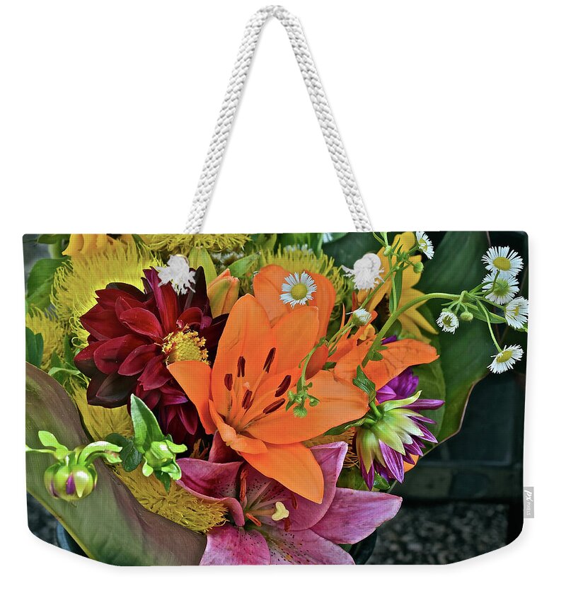 Lilies:flowers;farmers' Market: Weekender Tote Bag featuring the photograph 2019 Monona Farmers' Market July Bouquet 2 by Janis Senungetuk