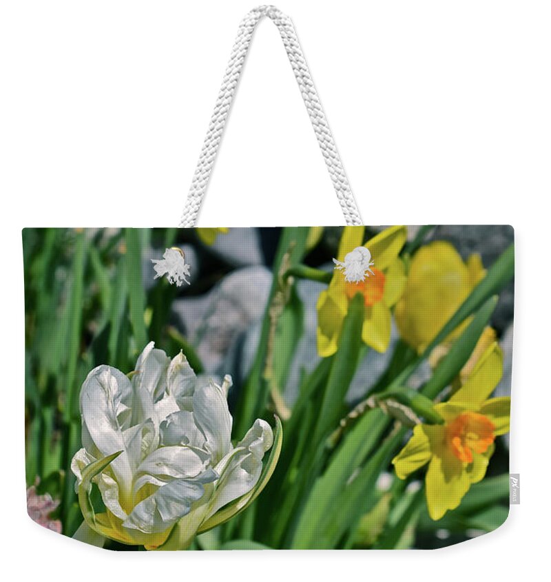 Tulips Weekender Tote Bag featuring the photograph 2020 Acewood Tulips, Hyacinth and Daffodils by Janis Senungetuk