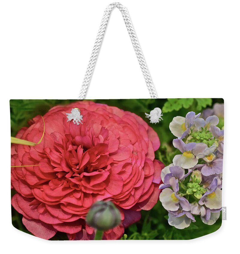 Buttercups Weekender Tote Bag featuring the photograph 2020 Red Persian Buttercup With Snapdragon by Janis Senungetuk