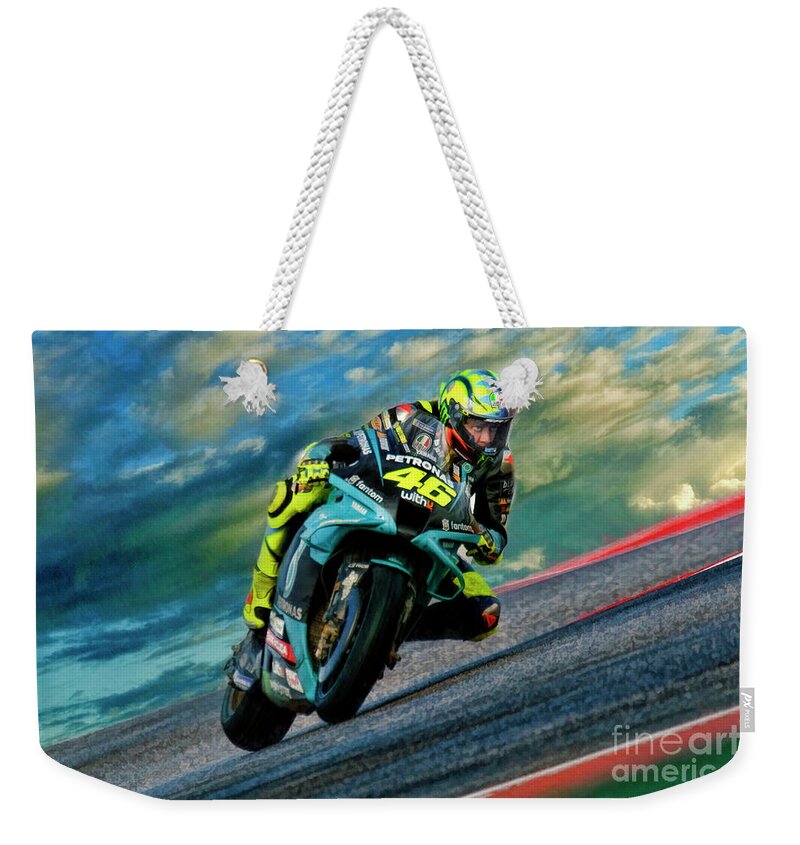 Motogp Weekender Tote Bag featuring the photograph 2021 Motogp Valentino Rossi Petronas Yamaha Look Of Intensity by Blake Richards