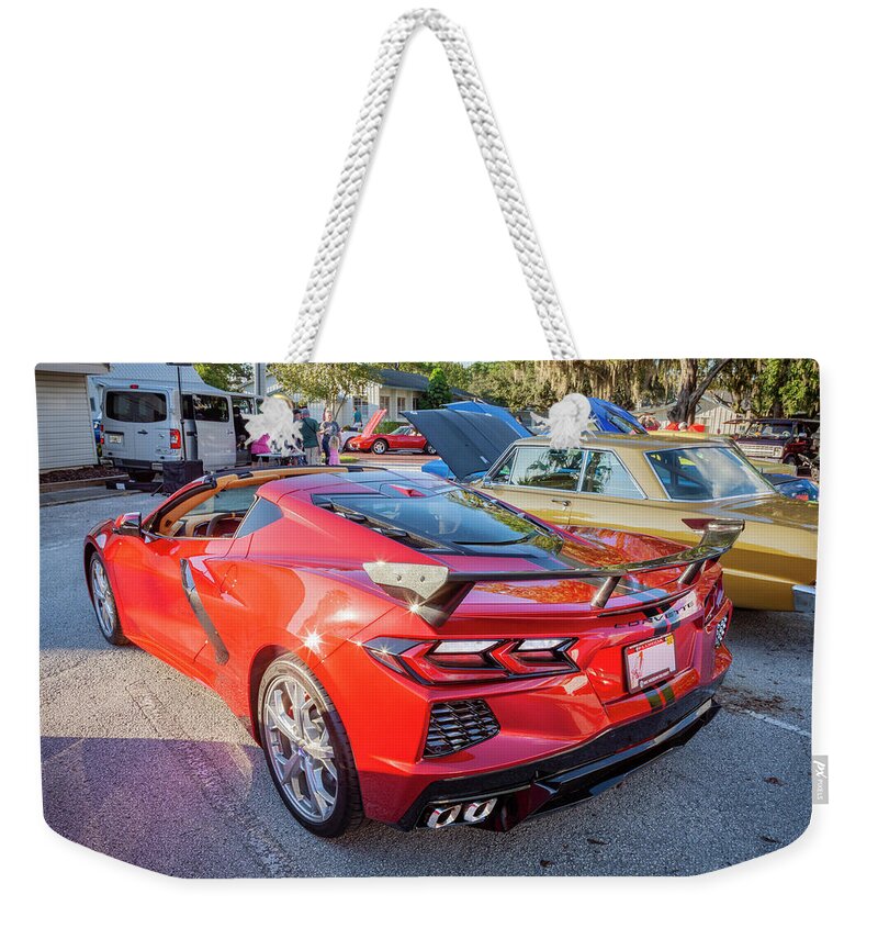 2021 Red Laguna Metallic Chevrolet Corvette C8 Weekender Tote Bag featuring the photograph 2021 Red Chevrolet Corvette C8 X159 #2021 by Rich Franco