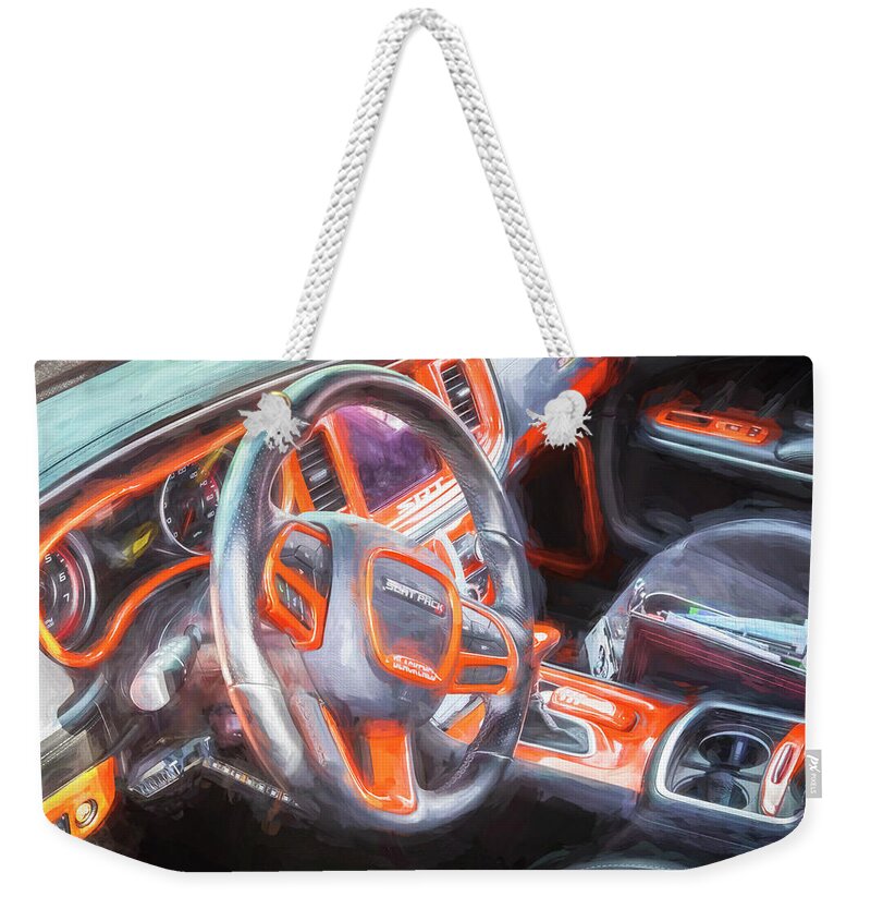The 2022 Go Mango Orange Dodge Charger Scat Pack Srt 392 Weekender Tote Bag featuring the photograph 2022 Go Mango Orange Dodge Charger Scat Pack SRT 392 X105 by Rich Franco