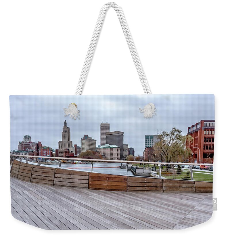 From Weekender Tote Bag featuring the photograph Providence rhode island skyline on a cloudy gloomy day #22 by Alex Grichenko