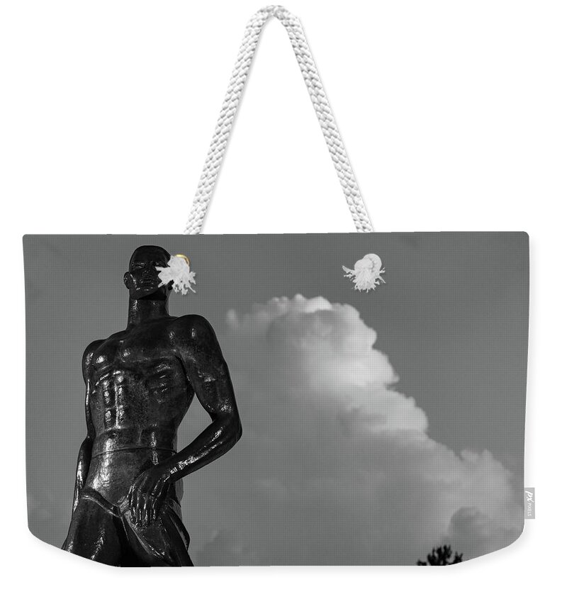 Spartan Staue Night Weekender Tote Bag featuring the photograph Spartan statue at night on the campus of Michigan State University in East Lansing Michigan #23 by Eldon McGraw