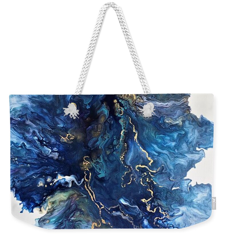 Acrylic Pour Weekender Tote Bag featuring the painting 24K Gold on Blue by Karen Ann