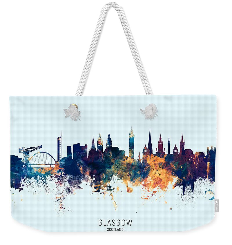 Glasgow Weekender Tote Bag featuring the digital art Glasgow Scotland Skyline by Michael Tompsett