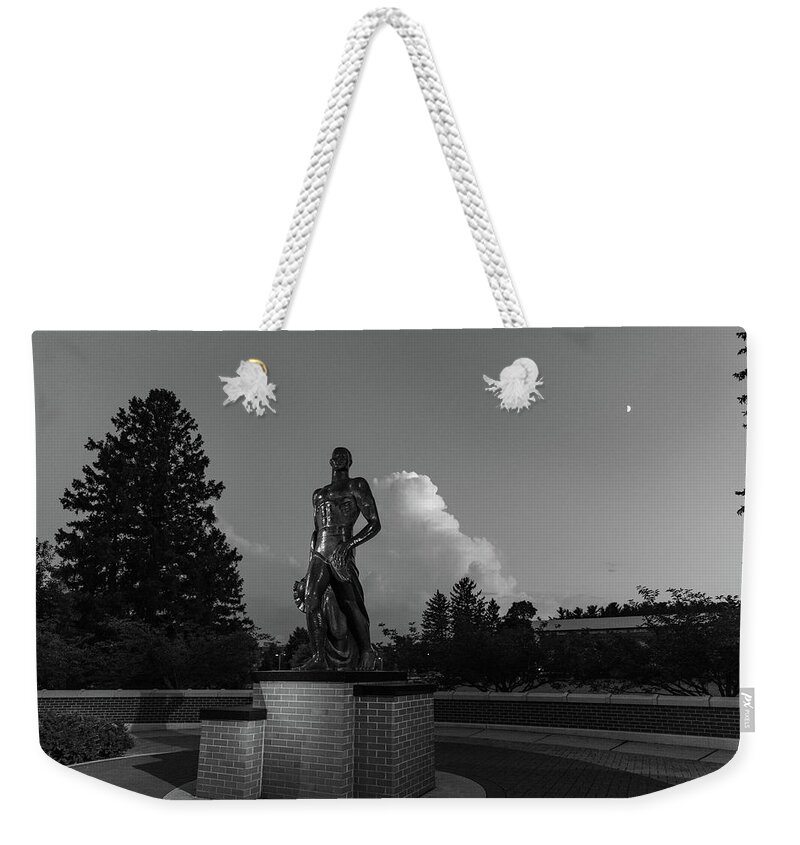 Spartan Staue Night Weekender Tote Bag featuring the photograph Spartan statue at night on the campus of Michigan State University in East Lansing Michigan #27 by Eldon McGraw