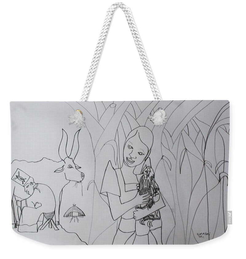 Jesus Weekender Tote Bag featuring the drawing Kintu and Nambi First Encounters #29 by Gloria Ssali