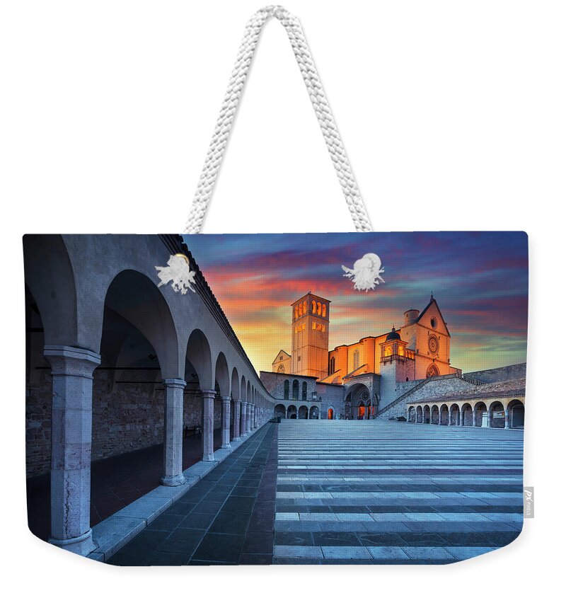 Assisi Weekender Tote Bag featuring the photograph Assisi, San Francesco Basilica Sunset by Stefano Orazzini