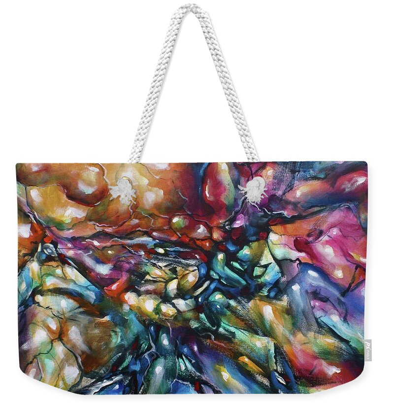 Abstract Weekender Tote Bag featuring the painting Gravity by Michael Lang