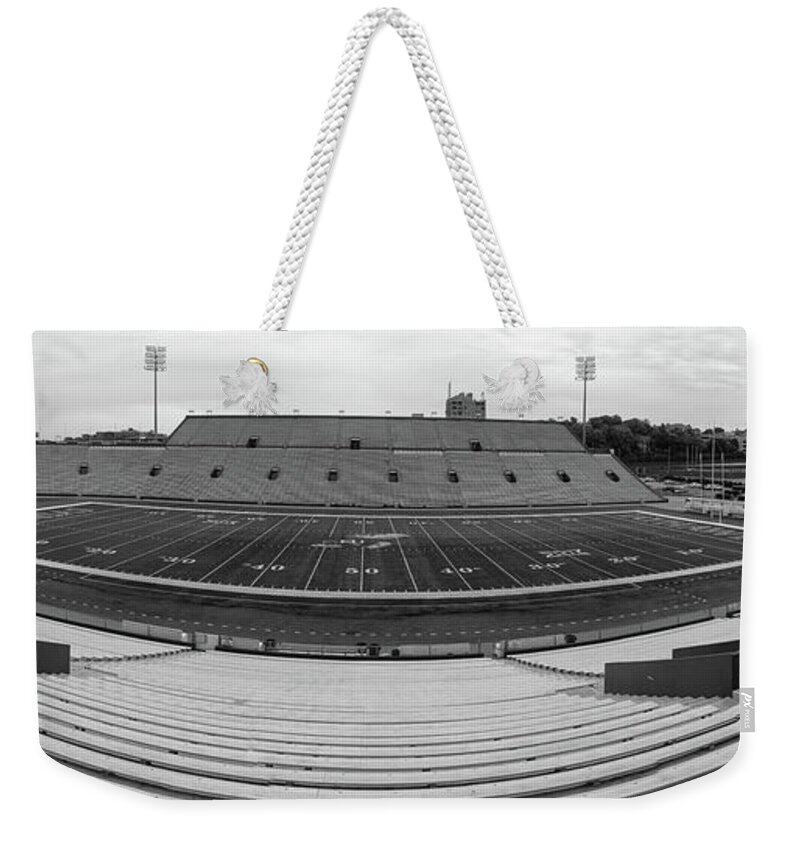 Kansas Jayhawks Stadium Weekender Tote Bag featuring the photograph Kansas Jayhawks football stadium in black and white #3 by Eldon McGraw