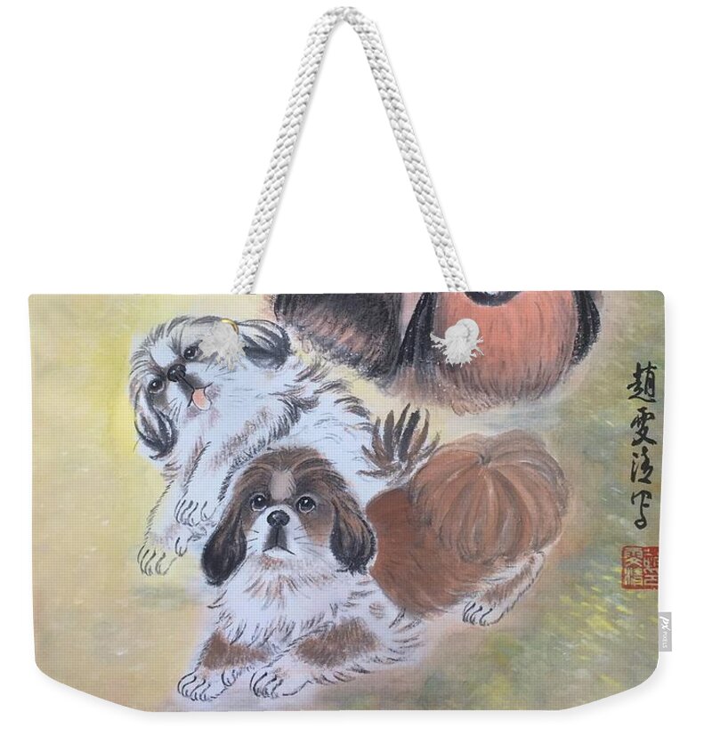 Pekes Weekender Tote Bag featuring the painting Three Pekes in a Pod - 3 by Carmen Lam