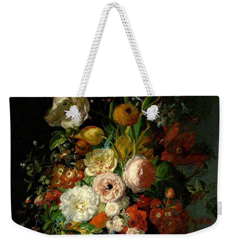 Still Life With Flowers In A Glass Vase Weekender Tote Bag featuring the painting Still Life with Flowers in a Glass Vase #3 by Rachel Ruysch